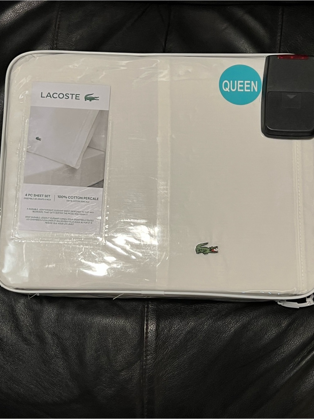 Lacoste White Queen Cotton Percale Sheet Set with Embroidered Croc